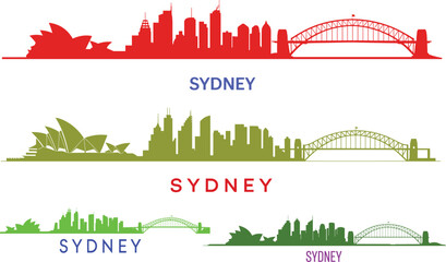Naklejka premium black and white sydney skyline silhouette with opera house harbour bridge city buildings minimalist design vector illustration on transparent background
