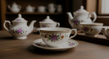 porcelain cup of tea and teapot