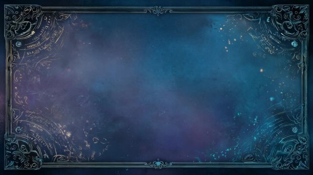 Elegant ornate blue background with decorative frame and cosmic accents