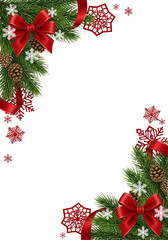 Festive Christmas corner frame with poinsettia, pine branches, and red snowflake cutouts. Isolated element for vertical design or social media stories.