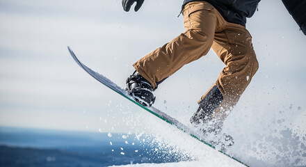 Snowboarder performing a jump on snowy slope, feeling excitement, winter sports action