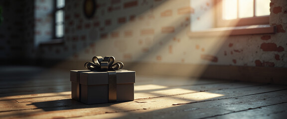 Gift box illuminated by single spotlight on empty wooden stage  