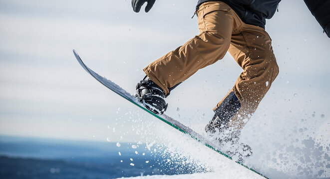 Snowboarder performing a jump on snowy slope, feeling excitement, winter sports action - Powered by Adobe
