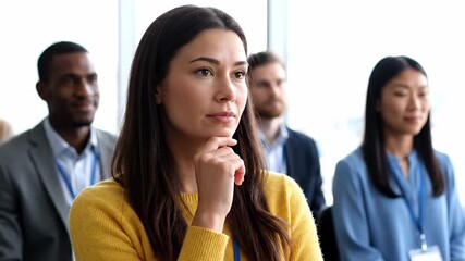 Attentive young woman listening carefully to a speaker during a professional conference. Pensive multiethnic audience at a business lecture