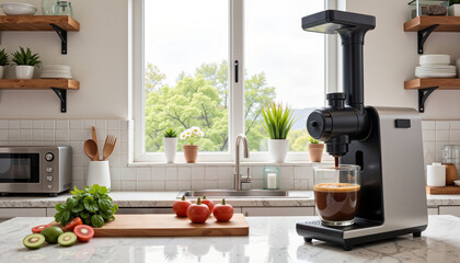 Modern kitchen juicer with fresh vegetables and herbs on countertop  