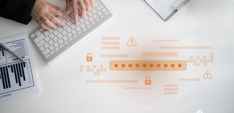 Password security breach warning with red asterisk box, cybersecurity alert, lock icons, and critical vulnerability signals in digital system access Latch