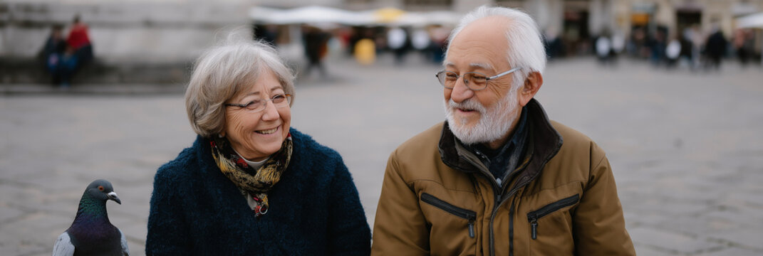 A joyful elderly couple smiles warmly at each other while sitting outside, embodying love and companionship, with a playful pigeon adding charm to the moment.