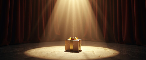Spotlight illuminating a gift on an empty stage with red curtains  