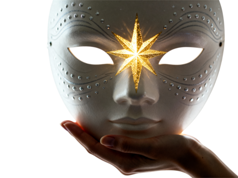 Mysterious ornate white mask with glowing star held by a hand isolated on transparent background