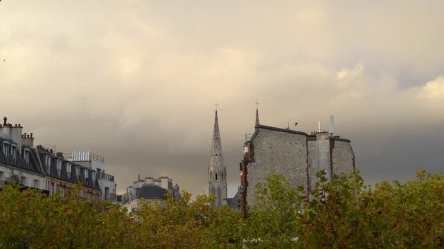 Bird flying in front of a church above Paris rooftops at sunset, Paris, France