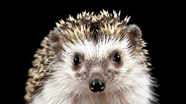 Close up portrait of an adorable African pygmy hedgehog set against a dark backdrop. The tiny hedgehog turns its head inquisitively, showing off its spiky appearance