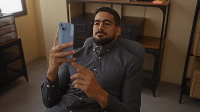 Young man with beard relaxing in an office chair while using smartphone indoors, surrounded by shelves and storage boxes, showcasing a modern workplace environment.