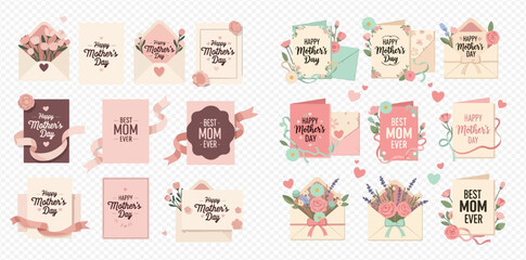 A collection of beautifully designed Mother's Day greeting cards and envelopes, featuring floral arrangements, ribbons, and heartfelt messages in a soft pastel palette.