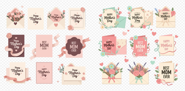 A collection of beautifully designed Mother's Day greeting cards and envelopes, featuring floral arrangements, ribbons, and heartfelt messages in a soft pastel palette. - Powered by Adobe