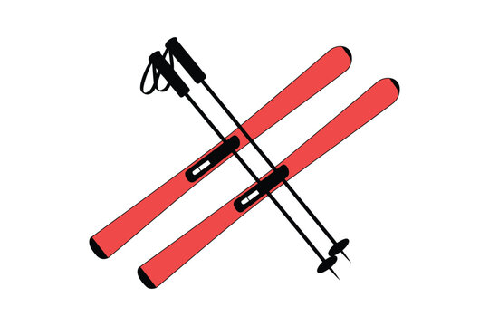Winter sports skis, bright red skis and poles isolated on white background, vector illustration for alpine and snow activity designs