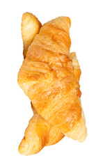 Side view of three brown or golden croissants in stack isolated with clipping path in png file format