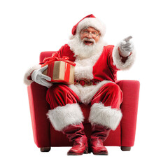 Jolly Santa Claus sitting in red armchair holding gift, pointing happily to you
