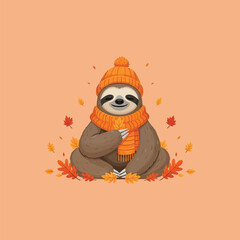 Naklejka premium Cute sloth wearing a hat and scarf surrounded by autumn leaves.