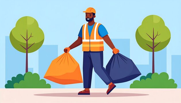Flat vector illustration of a dedicated man collecting trash bags outdoors, promoting cleanliness and environmental care