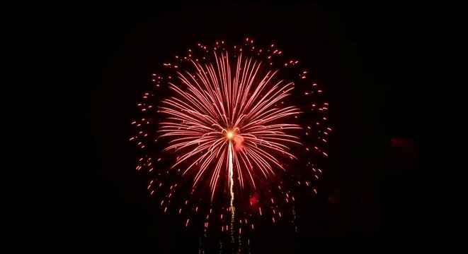 A single red firework exploding against a dark sky, captured in cinematic slow motion - Powered by Adobe