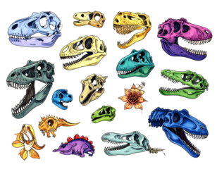 A colorful arrangement of various dinosaur skull illustrations and a few flowers on a black background