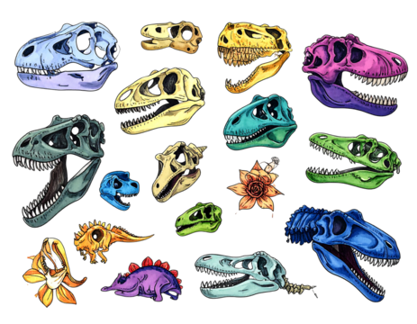 A colorful arrangement of various dinosaur skull illustrations and a few flowers on a black background
