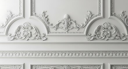 Elegant white wall paneling with ornate classical decorative elements