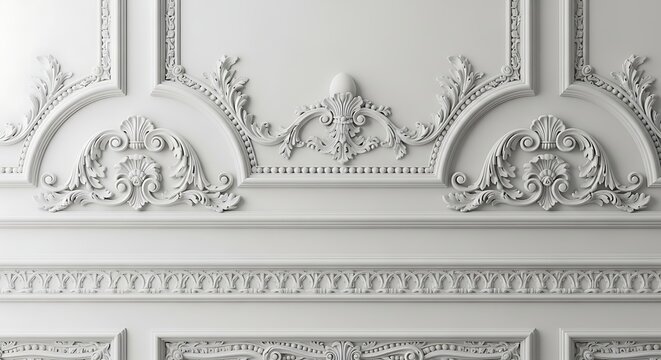 Elegant white wall paneling with ornate classical decorative elements - Powered by Adobe