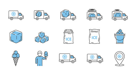 Collection of minimalistic vector icons and pictograms representing ice cubes, ice cream, ice delivery trucks, bags of ice, and a bucket of ice, suitable for web, graphic design, apps, banners