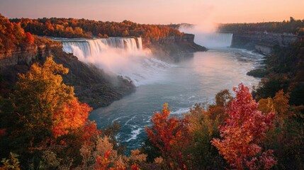 a breathtaking view of the horseshoe falls in ny, with vibrant autumn foliage and rainbow colors reflecting off its misty water spray
