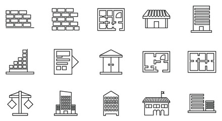A collection of thin line icons representing various architectural elements and building types, including brick walls, floor plans, shops, skyscrapers, and construction cranes, perfect for graphic