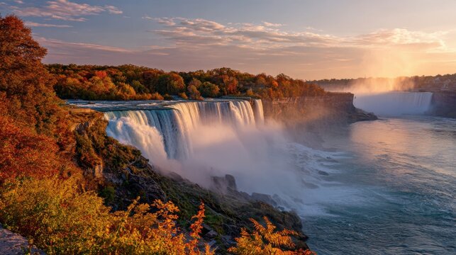 a breathtaking view of the horseshoe falls in ny, with vibrant autumn foliage and rainbow colors reflecting off its misty water spray
 - Powered by Adobe