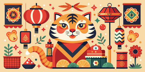 Funny cartoon animal vector card illustration, featuring a deer, lion, and Christmas tree