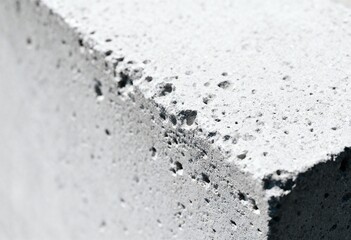Minimalist macro detail of a raw concrete block edge, showing porous texture and strong lines; abstract brutalist background.