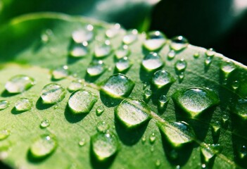 Macro close-up of fresh, clear water drops or morning dew resting on a vibrant green leaf, symbolizing nature and purity.