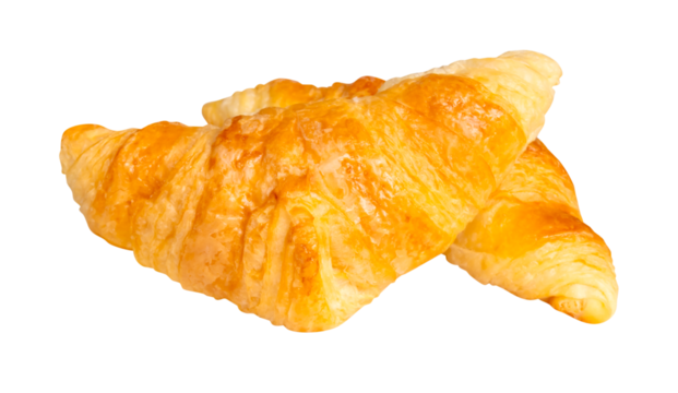 Side view of two brown or golden croissants in stack isolated with clipping path in png file format