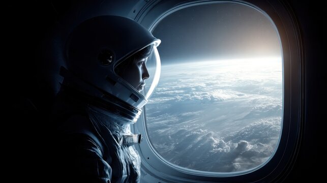Astronaut Woman Wearing Helmet Looking Out of Spacecraft Window Over Earth