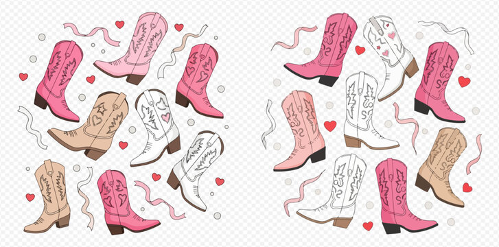 Two circular arrangements of stylish cowboy boots in pink, white, and tan colors, adorned with hearts and decorative ribbons.
