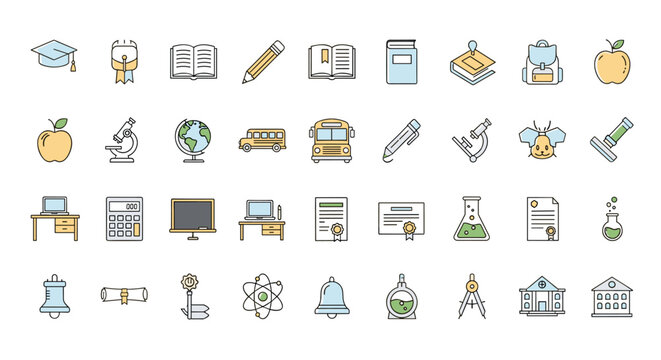 Vibrant and Versatile School and College Thin Line Icon Set: A Comprehensive Collection of Educational Symbols for Banners, Cards, Social Networks, and Apps, Featuring Editable Strokes and Cartoon