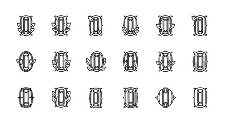 Set of 15 elegant letter O monograms with serif font and decorative elements like leaves and laurel wreaths, presented as clean line icons on a white background, perfect for branding and design
