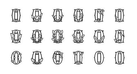 Set of 18 elegant monogram letter O logos, featuring ornate serif typography intertwined with delicate botanical elements like leaves and branches, presented as a clean vector illustration on a white