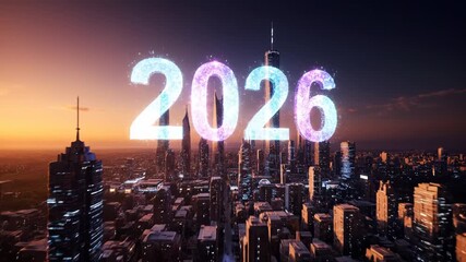 Futuristic glowing numbers 2026 floating over illuminated city skyline at sunset - Powered by Adobe