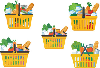 yellow grocery basket full of fresh vegetables milk bread cans healthy food shopping concept flat design vector illustration isolated