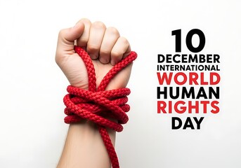 A clenched fist bound by a red rope, symbolizing the struggle for human rights, set against a white background with text 10 december international world human rights day