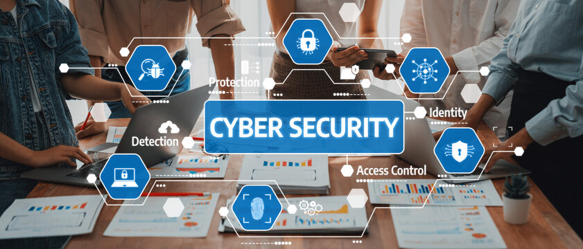 A dynamic office environment showcasing a team engaged in cyber security discussions, surrounded by infographics and technology tools, emphasizing data protection and identity management. Amity - Powered by Adobe