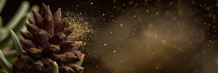 A striking close-up of a pine cone releasing delicate pollen dust captures the intricate details of nature and evokes feelings of rejuvenation and the cycle of life in ecosystems.