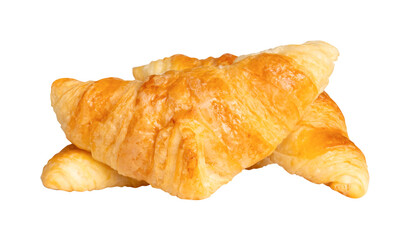 Side view of three brown or golden croissants in stack isolated with clipping path in png file format