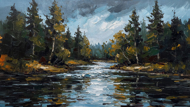 A painting of a Forest River in Autumn | Wall Art | Home Decor | Digital Download | Samsung Frame TV Art | Nature Landscape Printable