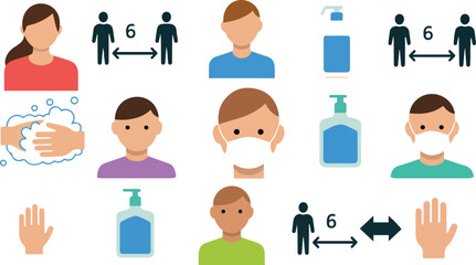 Social Distancing And Hygiene Rules For Coronavirus Prevention Icon Set