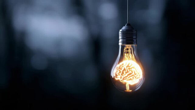 Illuminated brain concept inside light bulb against dark background